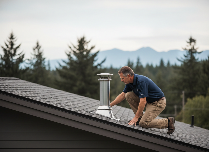 Home inspector kneeling on roof of modern new construction home, examining chimney flashing, with Cascade mountains and evergreen trees in background
